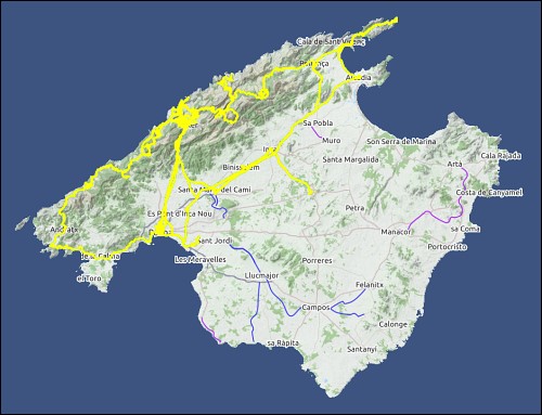 Übersichtskarte von Mallorca mit den eingearbeiteten GPS-Tracks der zurückgelegten Wege