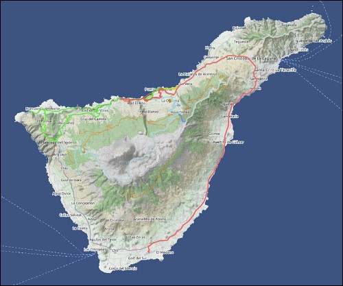 Karte von Teneriffa mit den eingearbeiteten GPS-Tracks der zurückgelegten Wege